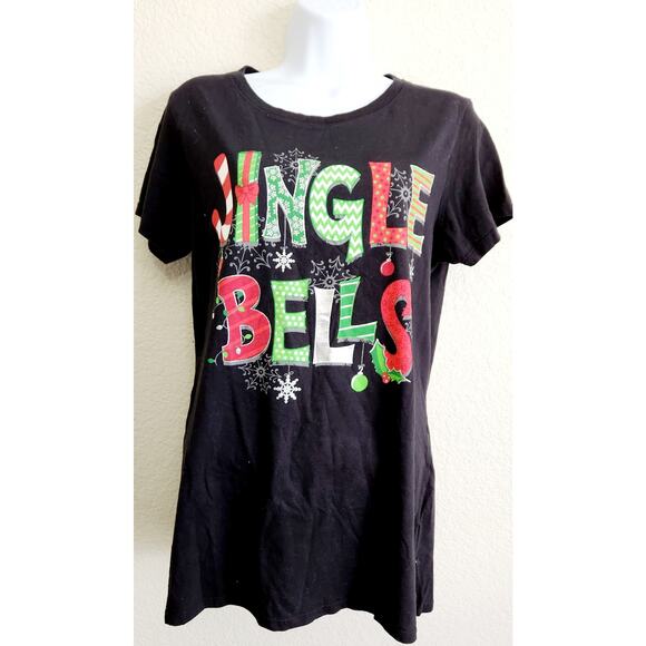 Holiday Time Black Jingle Bells Graphic T Shirt Large 12 14 Lightweight - Picture 1 of 4